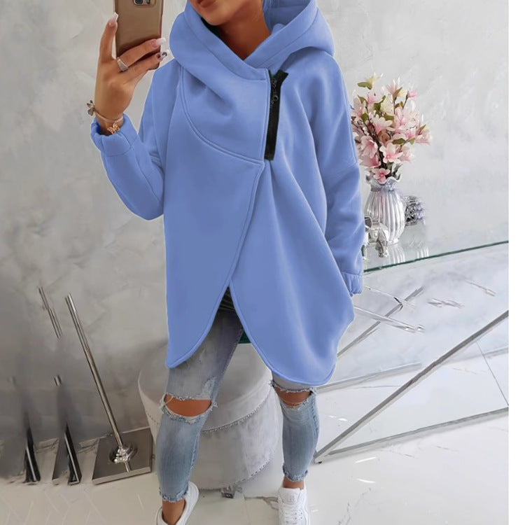 Hooded Sports Plus Velvet Tunic Casual Long-Sleeved Zipper Coat Women's Plus-Size Solid Color Coat