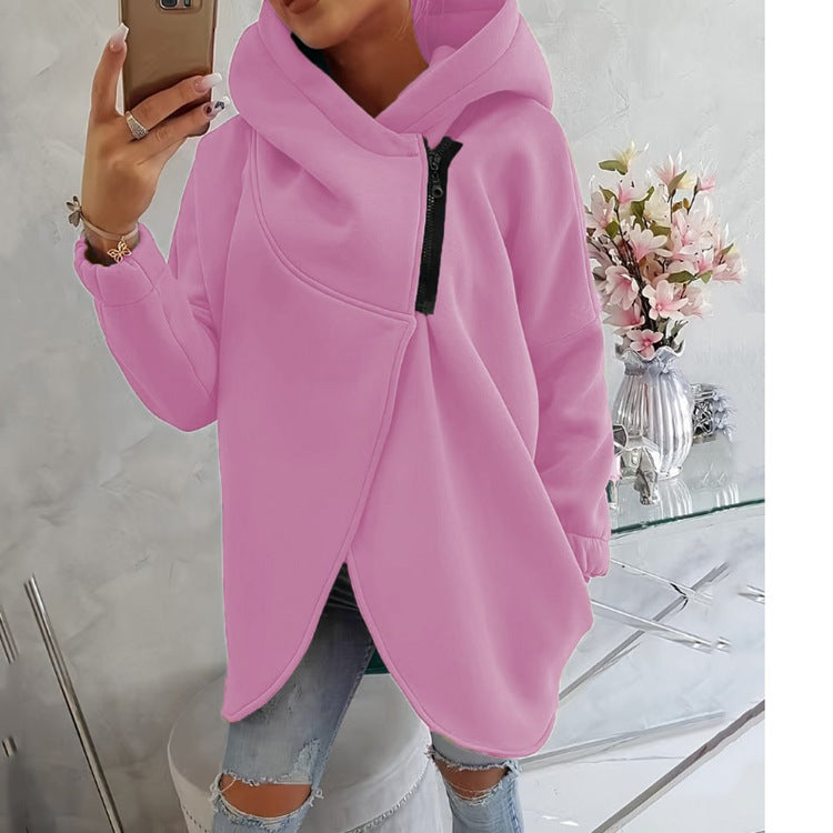 Hooded Sports Plus Velvet Tunic Casual Long-Sleeved Zipper Coat Women's Plus-Size Solid Color Coat