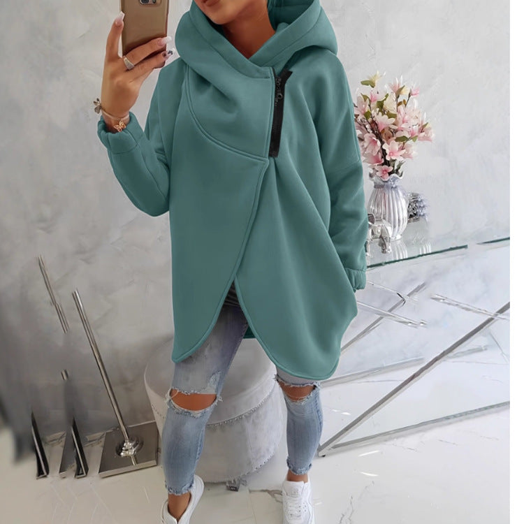Hooded Sports Plus Velvet Tunic Casual Long-Sleeved Zipper Coat Women's Plus-Size Solid Color Coat