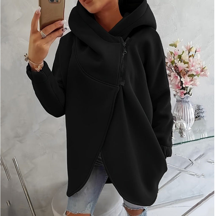Hooded Sports Plus Velvet Tunic Casual Long-Sleeved Zipper Coat Women's Plus-Size Solid Color Coat